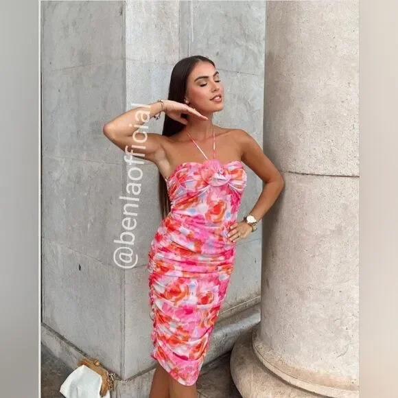 ZARA PRINTED TULLE MIDI DRESS PINK FLORAL - Picture 6 of 17